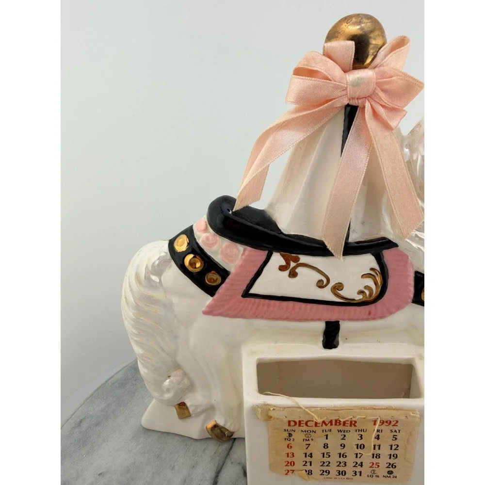 Vintage Ceramic Carousel Horse Calendar Iridescent Pink Gold Organizer Coquette